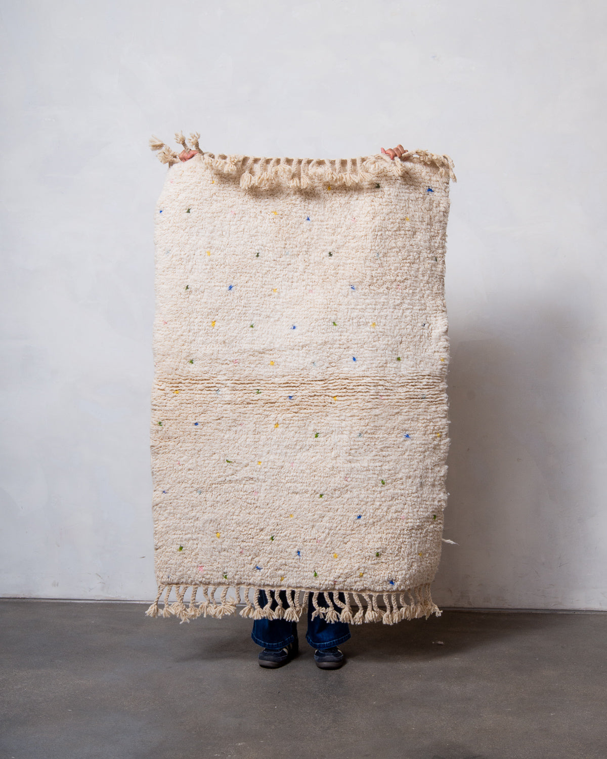 Modern, designer, handcrafted Berber rug from Morocco. Beniourain carpet with beautiful colours and patterns and fluffy wool texture.